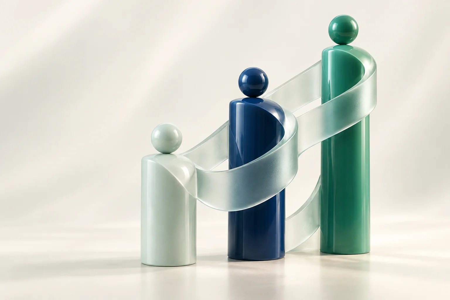 Three rising figures connected by a glass ribbon, an original Humanvest brand illustration